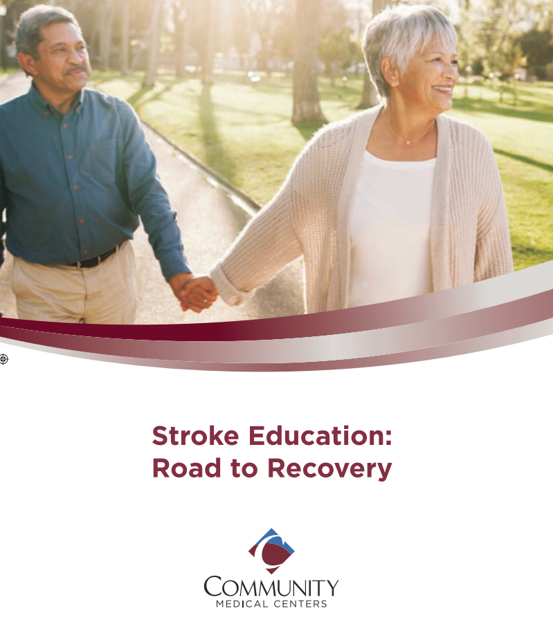 Image of a middle-aged Latino man and woman holding hands with the text, "Stroke Education: Road to Recovery"