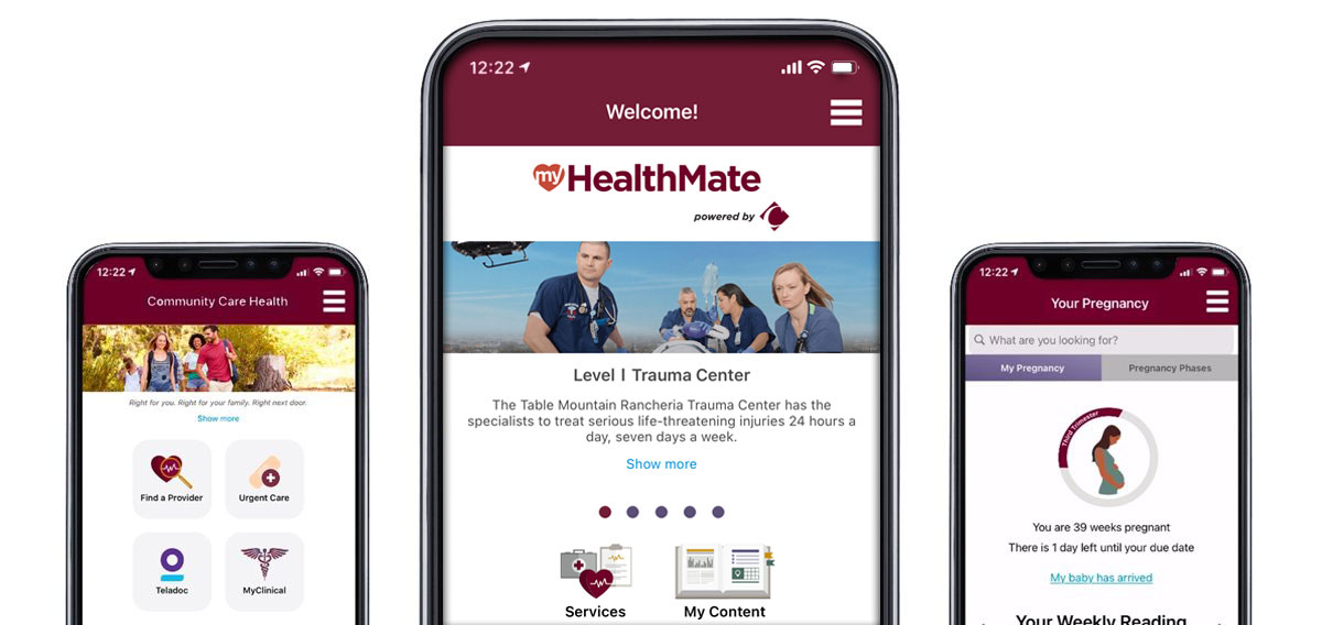 Three mobile screens show the MyHealthMate landing page